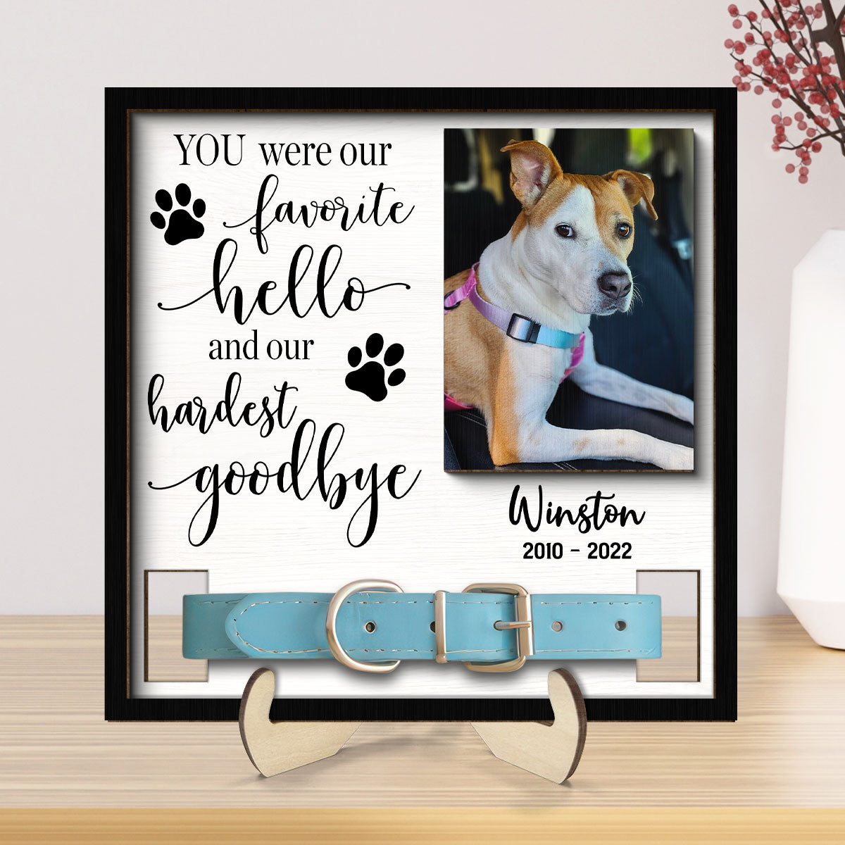 Our Favorite Hello Hardest Goodbye Dog Cat Sympathy Gift Photo Memorial Collar Keepsake Personalized Wooden Pet Collar Holder
