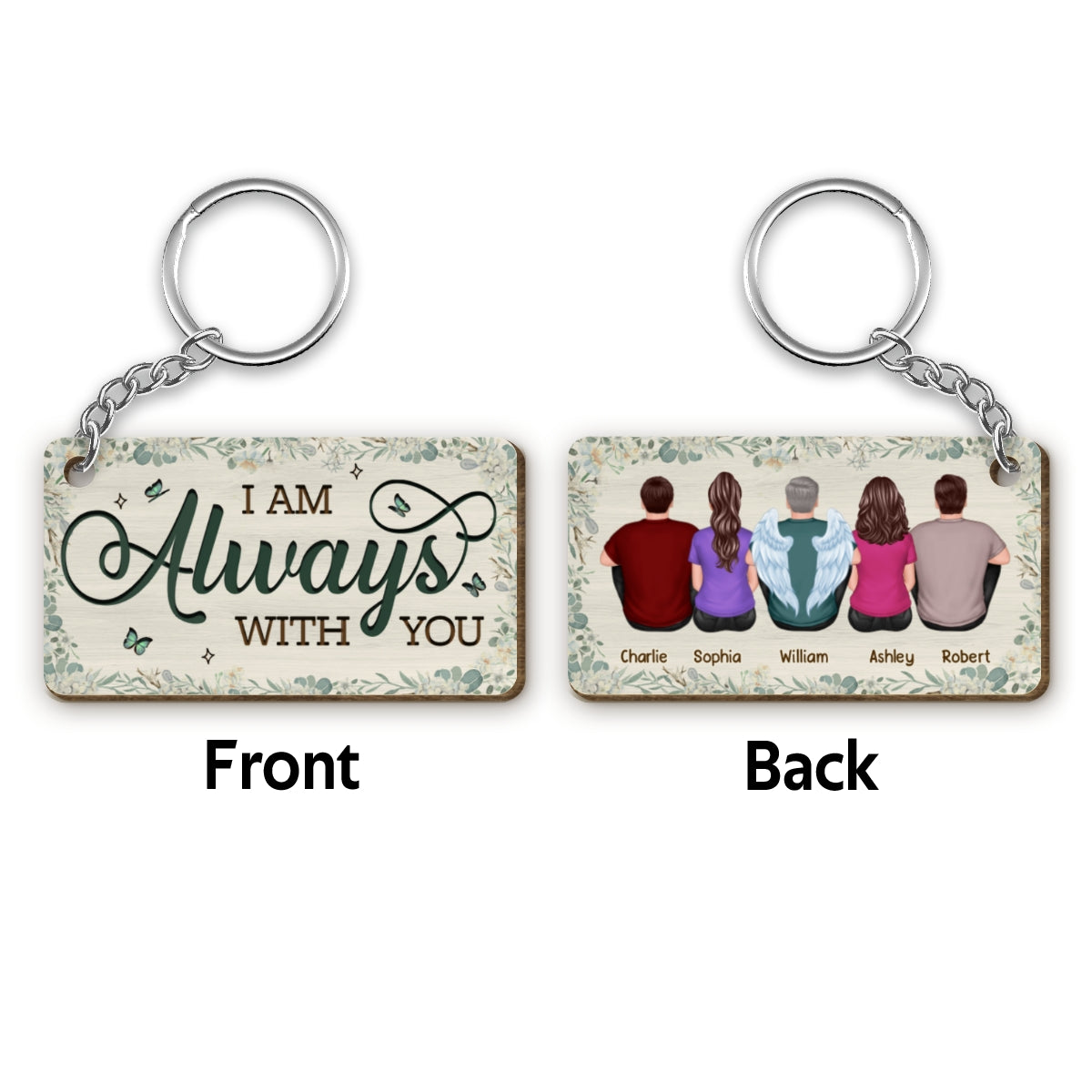 Family Memorial Green Leaves Flowers Remembrance Gift Personalized Wooden Keychain