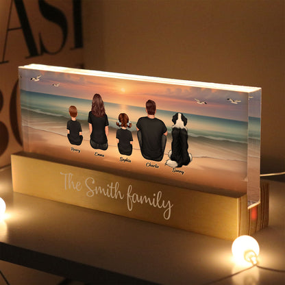 Realistic Beach Landscape Family Sitting Personalized Acrylic Block LED Night Light