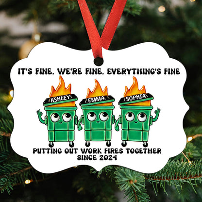 Putting Out Work Fires Together Work Bestie Dumpster Fire Funny Gift For Colleagues Personalized Aluminum Ornament