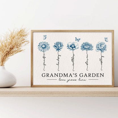 Grandma's Garden Love Grows Here Blue Vingtage Birthmonth Flowers Personalized Poster, Grandkids Names Floral Gift