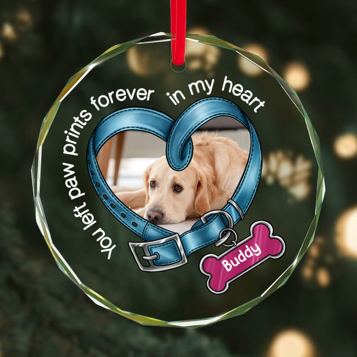 You Left Paw Prints In My Heart Forever Heart Collar Dog Memorial Personalized Glass Ornament