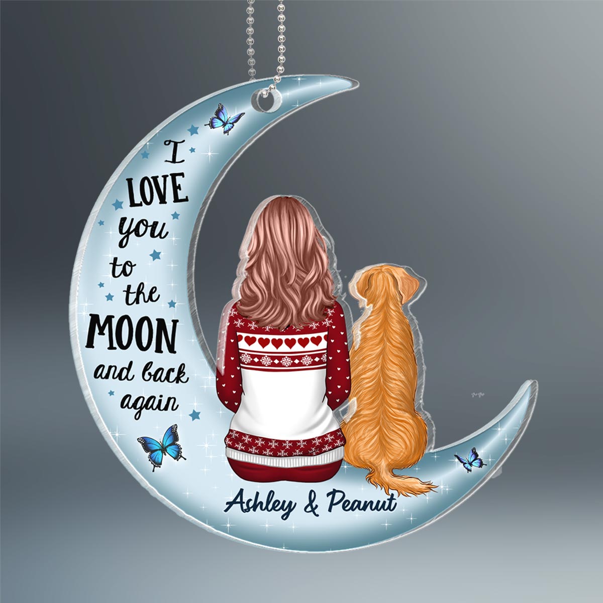 Love To The Moon Woman Dog Cat Keepsake Personalized Acrylic Ornament