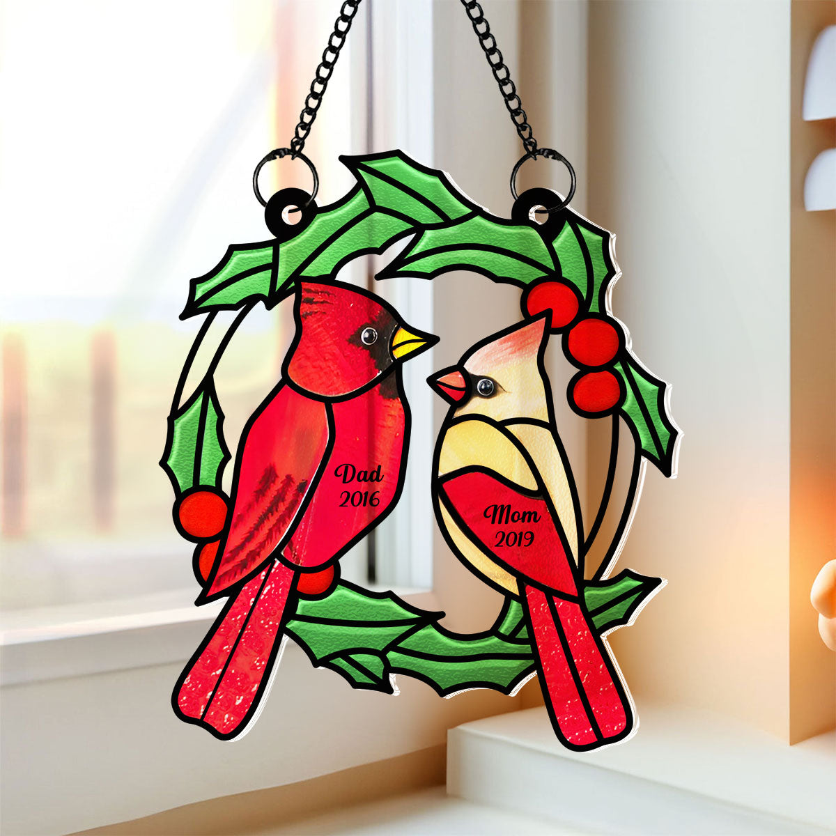 Christmas Wreath Cardinal Memorial Personalized Window Hanging Suncatcher Ornament, Sympathy Gift