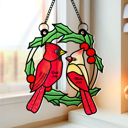Christmas Wreath Cardinal Memorial Personalized Window Hanging Suncatcher Ornament, Sympathy Gift