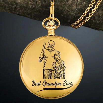 Custom Photo Pencil Drawing Best Dad Grandpa Ever - Personalized Pocket Watch