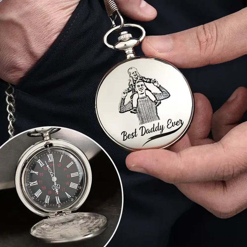 Custom Photo Pencil Drawing Best Dad Grandpa Ever - Personalized Pocket Watch
