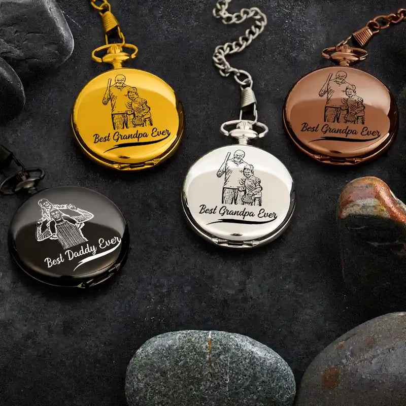 Custom Photo Pencil Drawing Best Dad Grandpa Ever - Personalized Pocket Watch