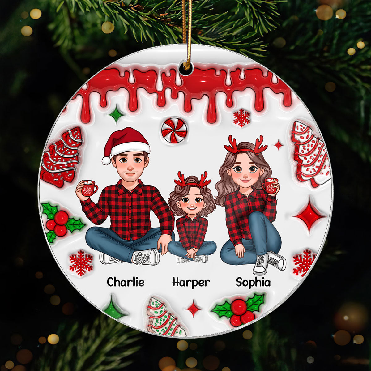 3D Inflated Effect Animated Family Christmas Cake Personalized Acrylic Ornament, Christmas Decoration, Christmas Gift For Family