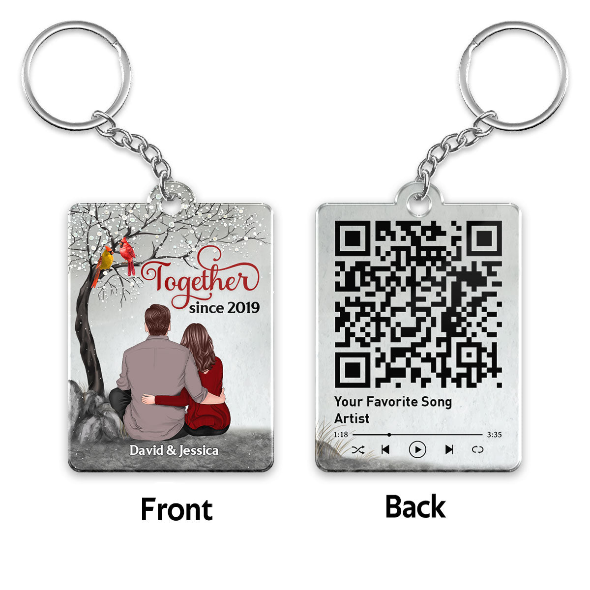 Back View Couple Sitting Under Blossom Tree Cardinals Favorite Song Scannable QR Code Personalized Acrylic Keychain
