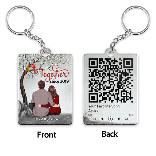 Back View Couple Sitting Under Blossom Tree Cardinals Favorite Song Scannable QR Code Personalized Acrylic Keychain