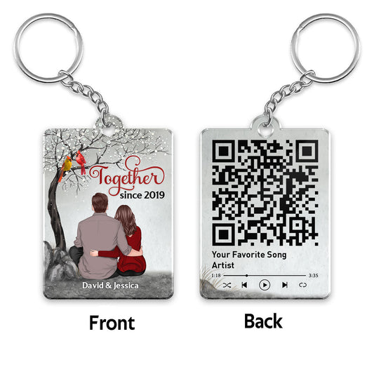 Back View Couple Sitting Under Blossom Tree Cardinals Favorite Song Scannable QR Code Personalized Acrylic Keychain