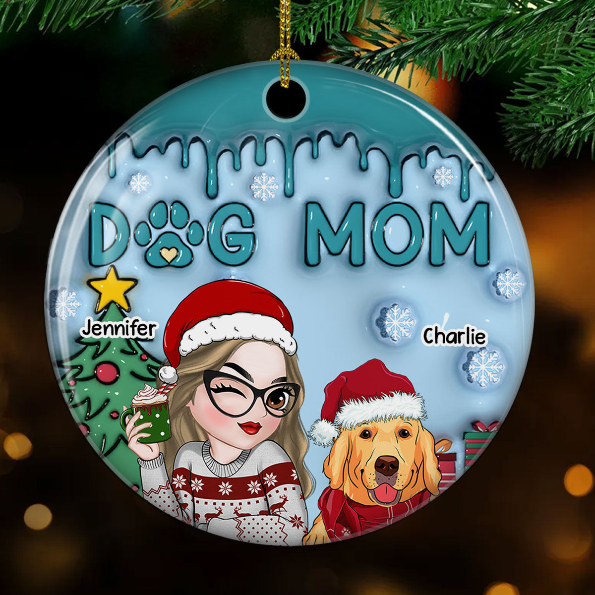 Lovely Dog Mom - Personalized Custom 3D Inflated Effect Ceramic Ornament