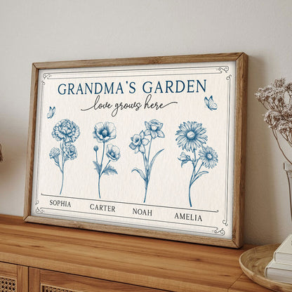 Grandma's Garden Love Grows Here Blue Vingtage Birthmonth Flowers Personalized Poster, Grandkids Names Floral Gift