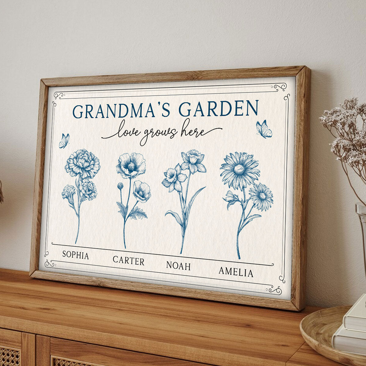 Grandma's Garden Love Grows Here Blue Vingtage Birthmonth Flowers Personalized Poster, Grandkids Names Floral Gift