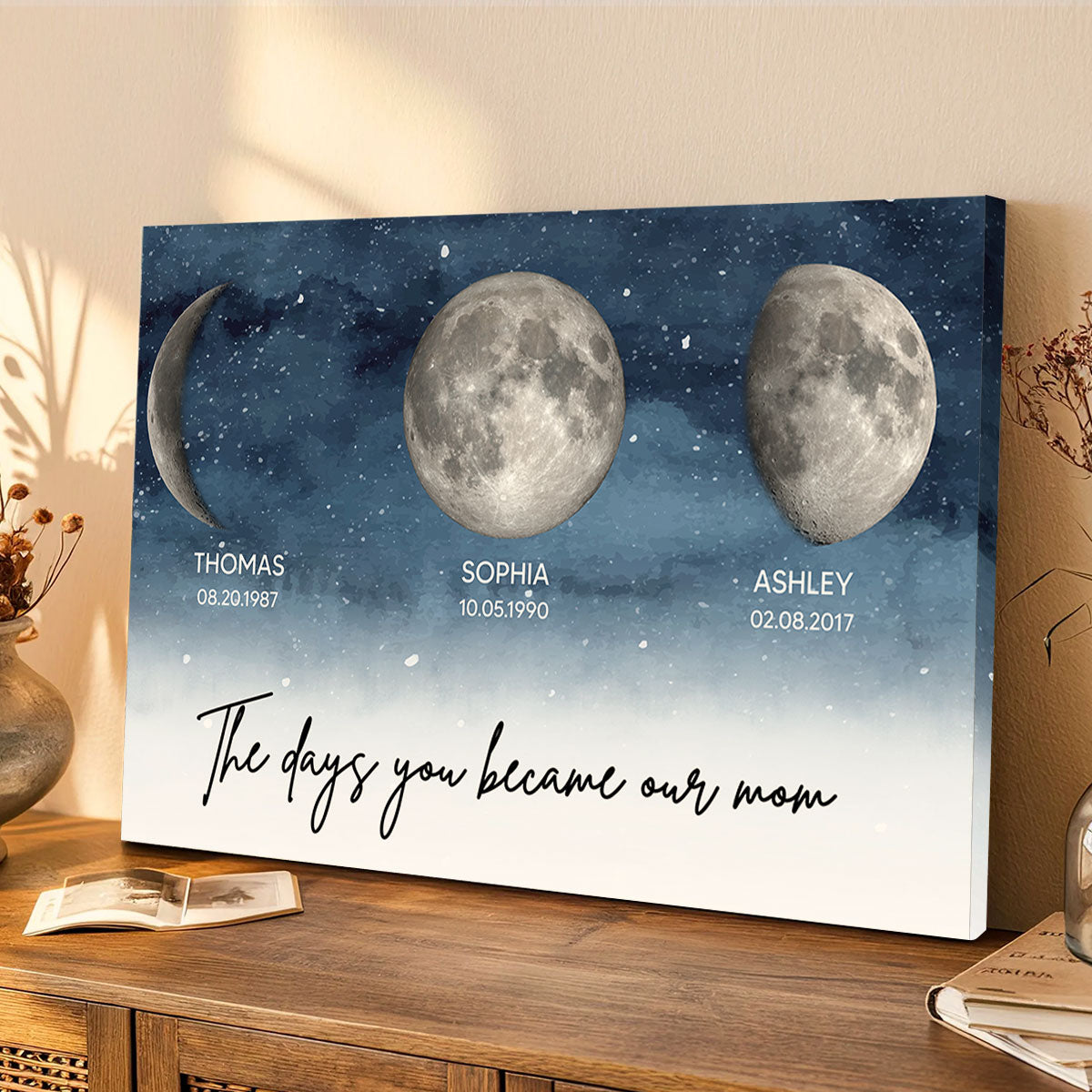Starry Night Custom Birth Moon Phase The Day You Became Our Mom Personalized Canvas Print, Mother's Day Gift