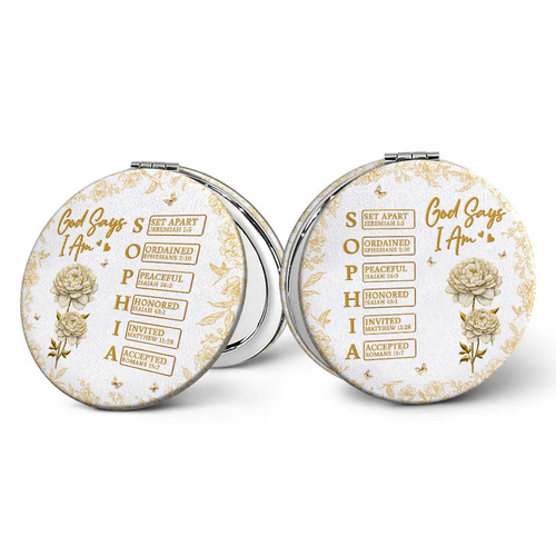 God Says I Am Birth Flower 3D Effect Name Letter In Bible - Personalized Circle Compact Mirror