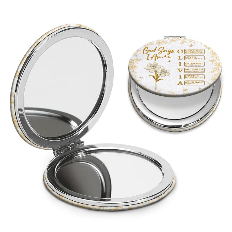 God Says I Am Birth Flower 3D Effect Name Letter In Bible - Personalized Circle Compact Mirror