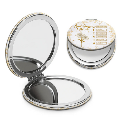 God Says I Am Birth Flower 3D Effect Name Letter In Bible - Personalized Circle Compact Mirror