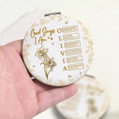 God Says I Am Birth Flower 3D Effect Name Letter In Bible - Personalized Circle Compact Mirror