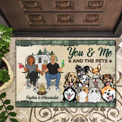 You & Me And The Dogs Cats - Gift For Pet, Camping Lovers, Campsite, Camping Decor, Couple, Family - Personalized Custom Doormat