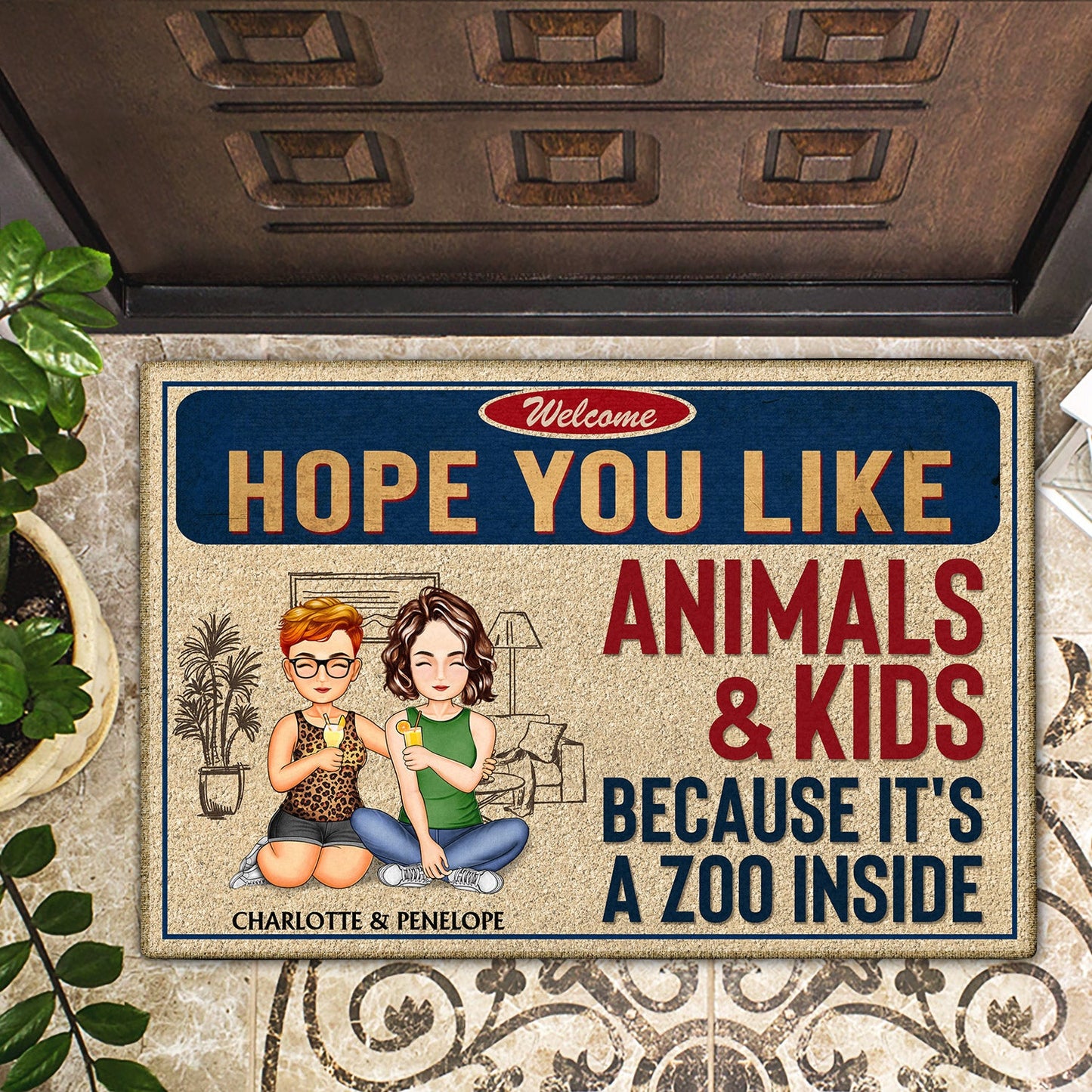 Family Hope You Like Animals And Kids - Anniversary, Birthday, Home Decor Gift For Husband, Wife, Boyfriend, Girlfriend, Couple - Personalized Custom Doormat