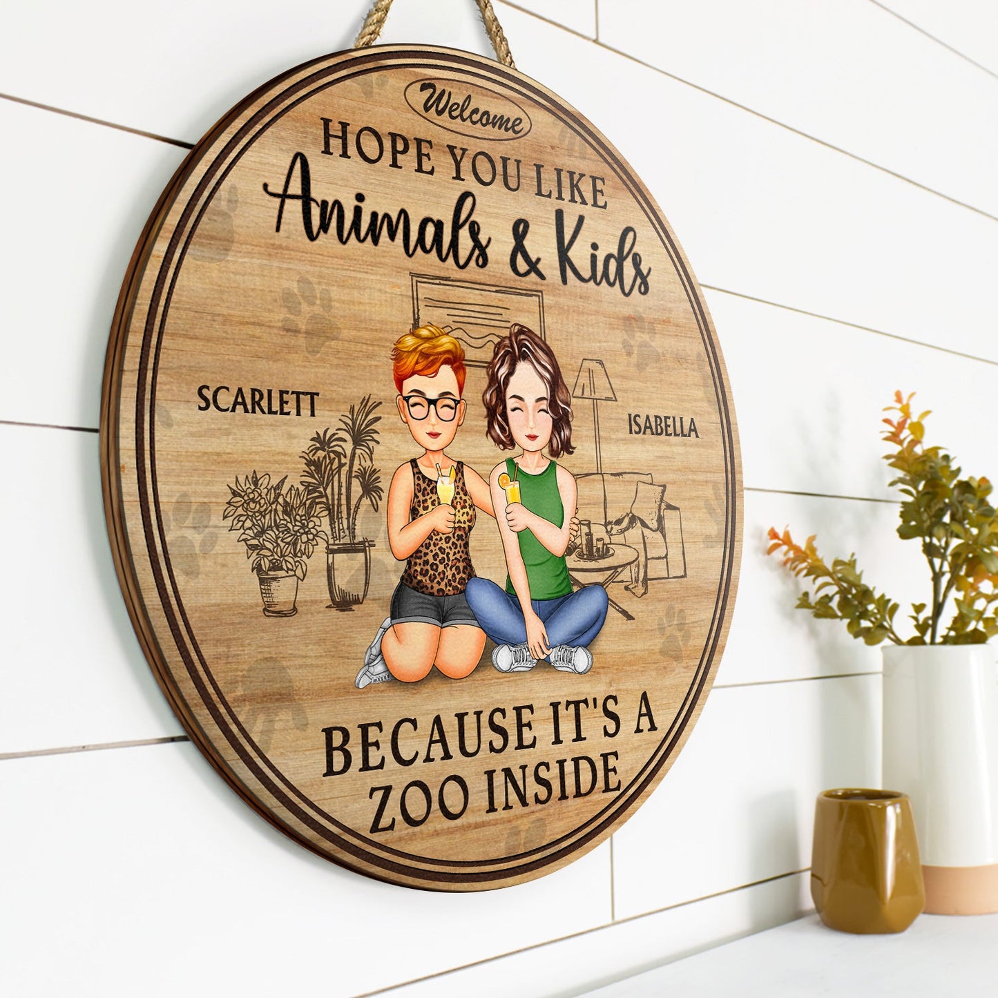 Family Hope You Like Animals And Kids - Anniversary, Birthday, Home Decor Gift For Husband, Wife, Boyfriend, Girlfriend, Couple - Personalized Custom Wood Circle Sign