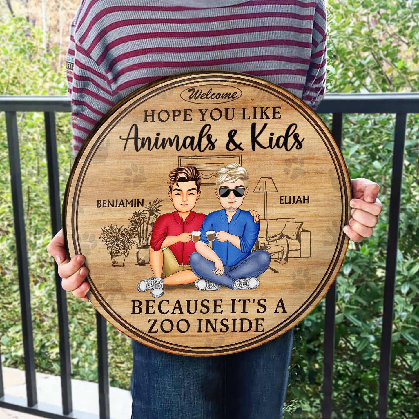 Family Hope You Like Animals And Kids - Anniversary, Birthday, Home Decor Gift For Husband, Wife, Boyfriend, Girlfriend, Couple - Personalized Custom Wood Circle Sign