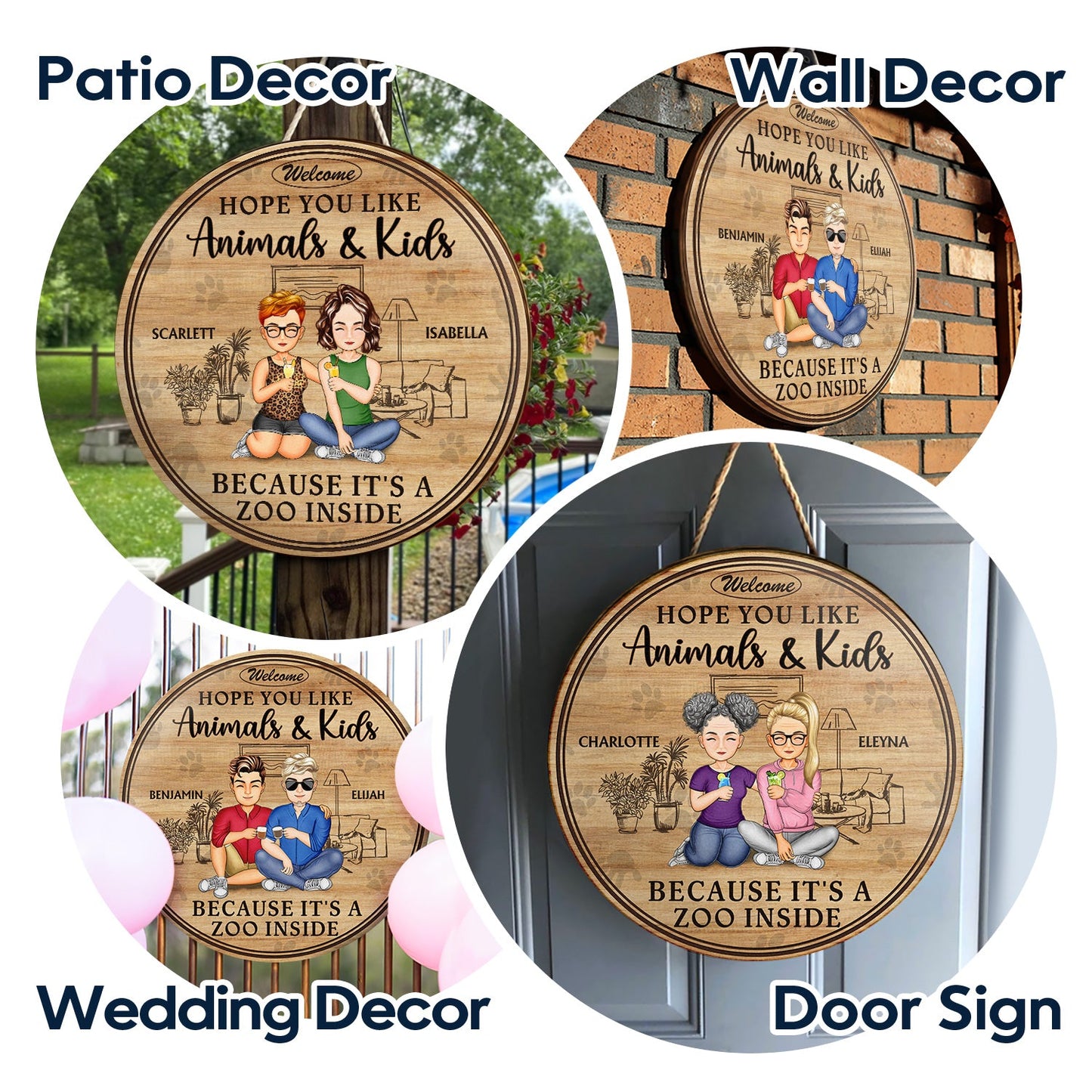 Family Hope You Like Animals And Kids - Anniversary, Birthday, Home Decor Gift For Husband, Wife, Boyfriend, Girlfriend, Couple - Personalized Custom Wood Circle Sign