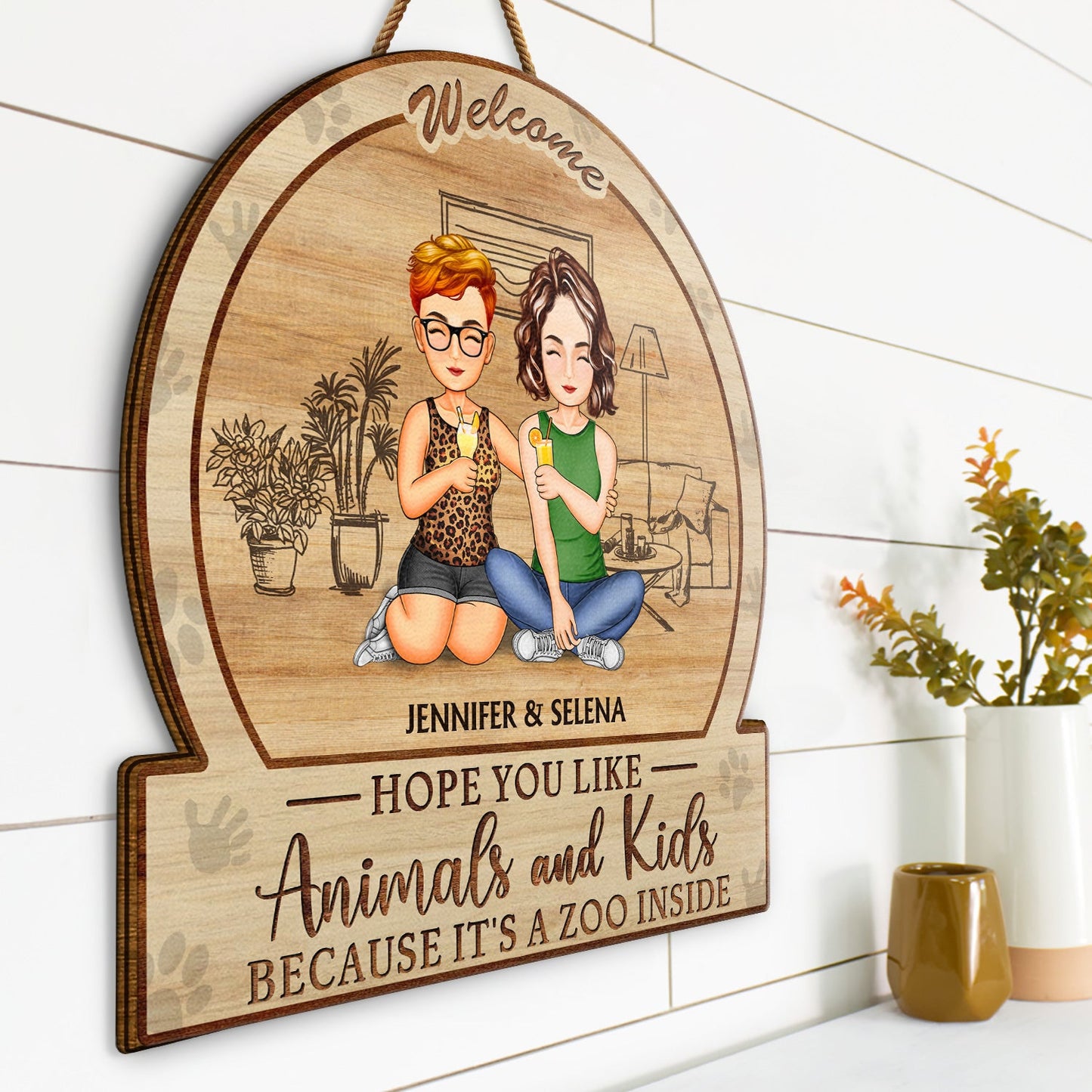 Family Hope You Like Animals And Kids - Anniversary, Birthday, Home Decor Gift For Husband, Wife, Boyfriend, Girlfriend, Couple - Personalized Custom Shaped Wood Sign