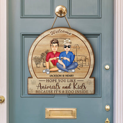 Family Hope You Like Animals And Kids - Anniversary, Birthday, Home Decor Gift For Husband, Wife, Boyfriend, Girlfriend, Couple - Personalized Custom Shaped Wood Sign