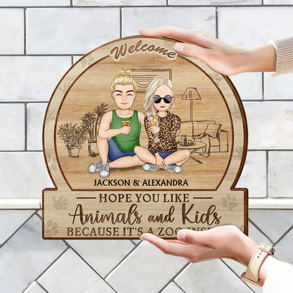 Family Hope You Like Animals And Kids - Anniversary, Birthday, Home Decor Gift For Husband, Wife, Boyfriend, Girlfriend, Couple - Personalized Custom Shaped Wood Sign