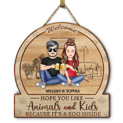 Family Hope You Like Animals And Kids - Anniversary, Birthday, Home Decor Gift For Husband, Wife, Boyfriend, Girlfriend, Couple - Personalized Custom Shaped Wood Sign