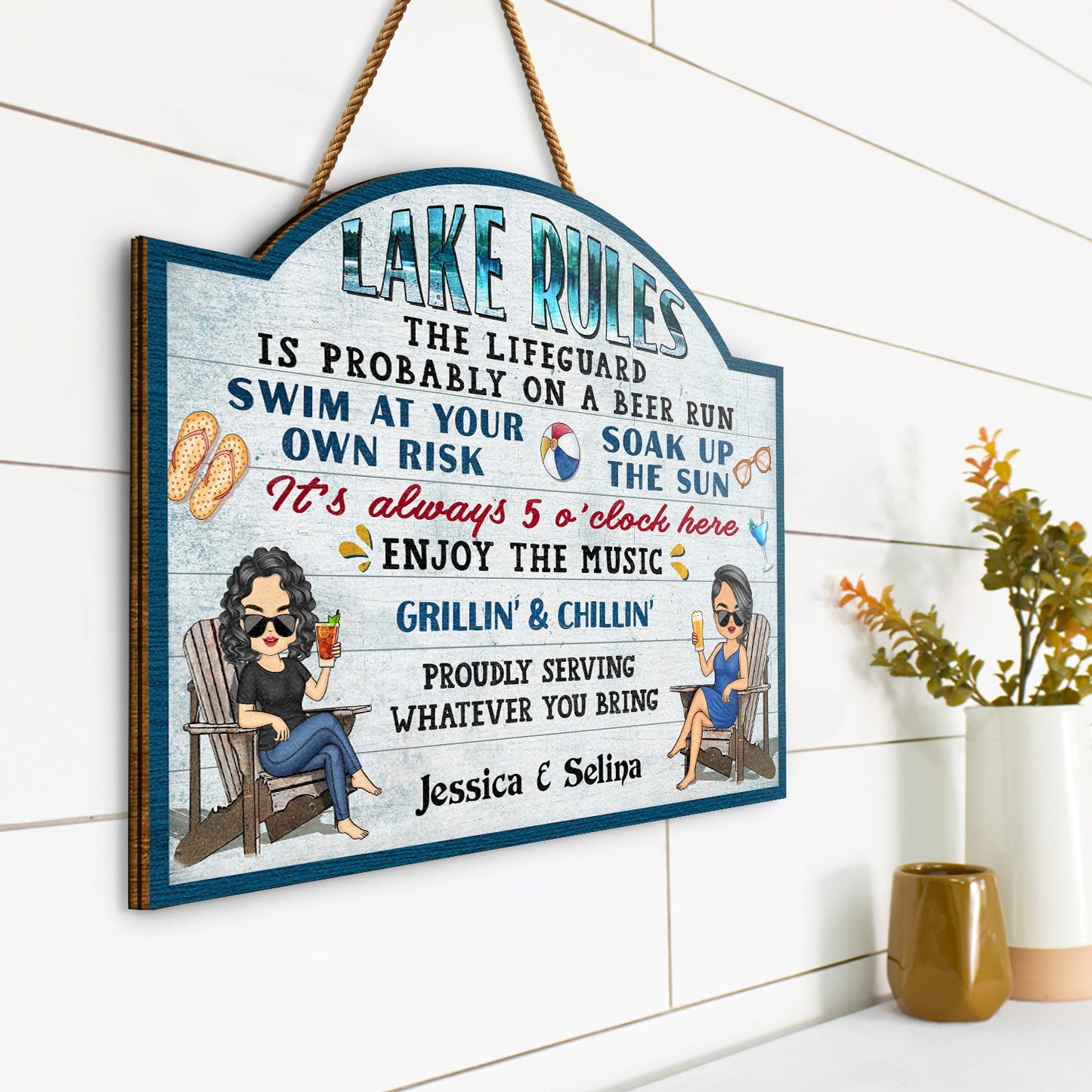 Pool Rules Swim At Your Own Risk Grilling Chibi - Home Decor, Backyard Decor, Gift For Her, Him, Family, Couples, Husband, Wife - Personalized Custom Shaped Wood Sign