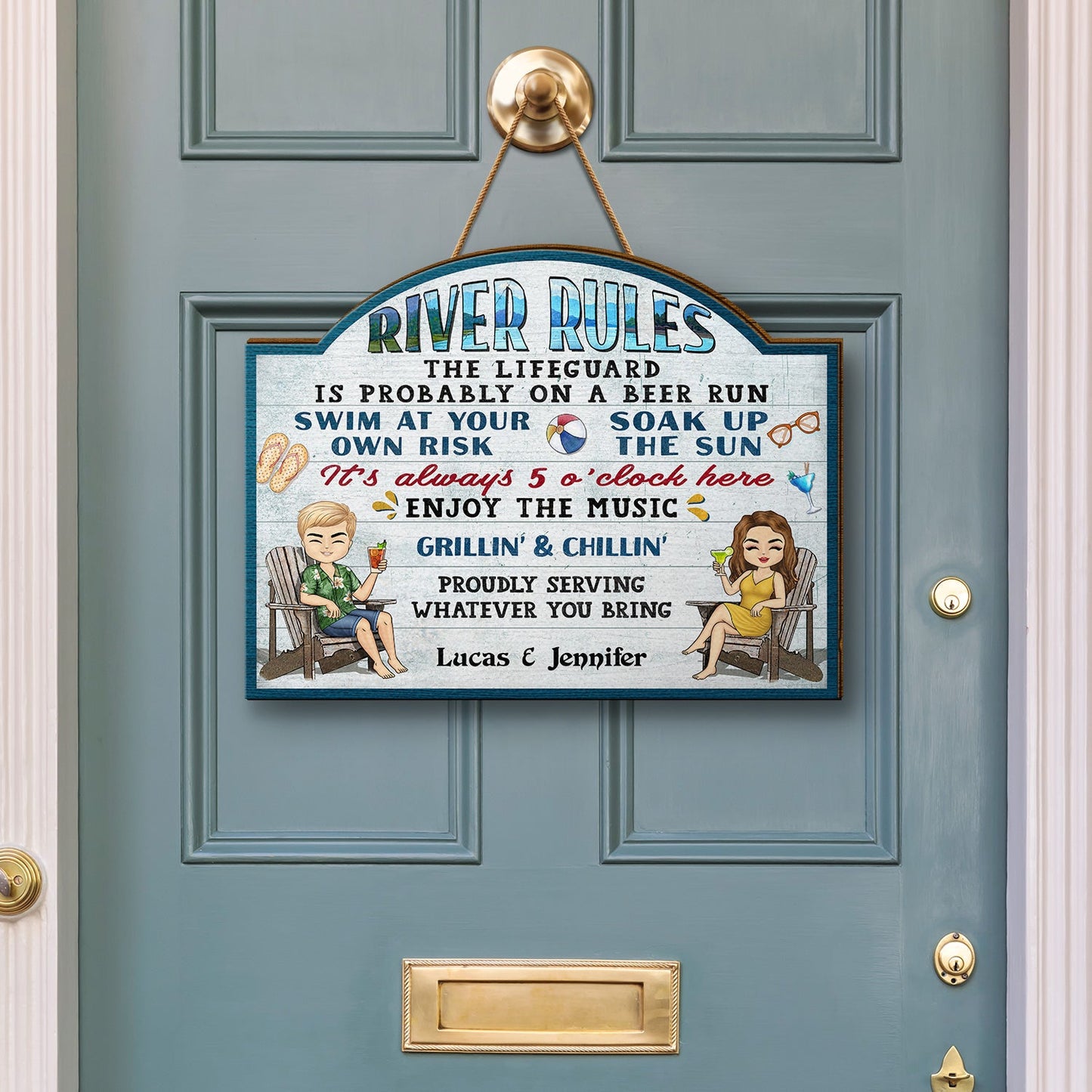 Pool Rules Swim At Your Own Risk Grilling Chibi - Home Decor, Backyard Decor, Gift For Her, Him, Family, Couples, Husband, Wife - Personalized Custom Shaped Wood Sign