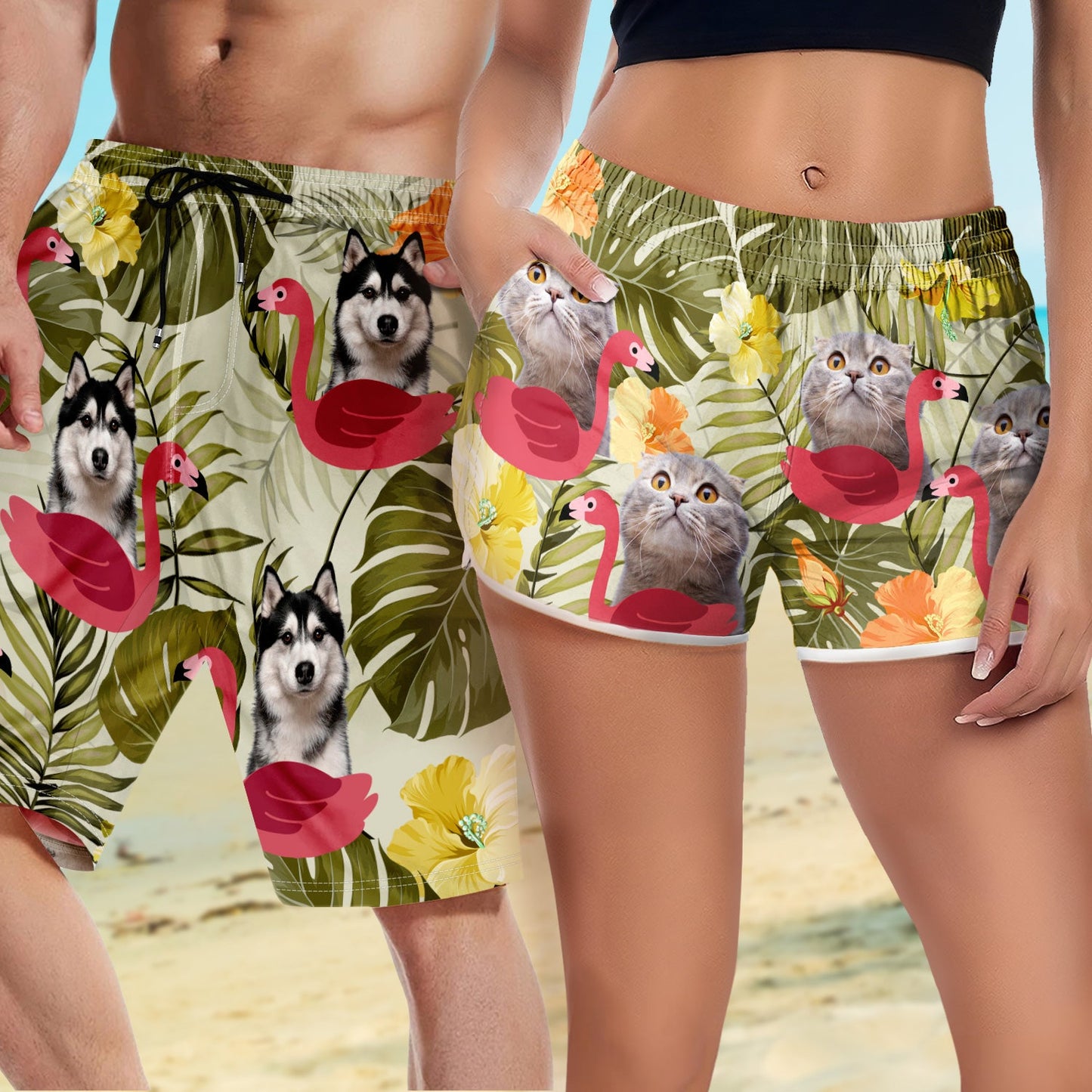 Custom Photo Funny Family Pet Face - Gift For Couples, Dog And Cat Lovers - Personalized Custom Couple Beach Shorts