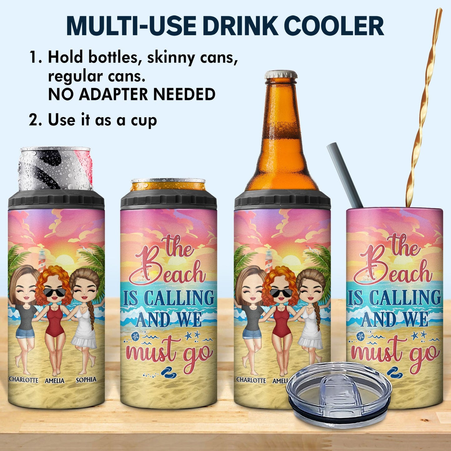 Beaches Booze Besties Best Friends - Gift For BFF, Siblings, Colleagues - Personalized Custom 4 In 1 Can Cooler Tumbler