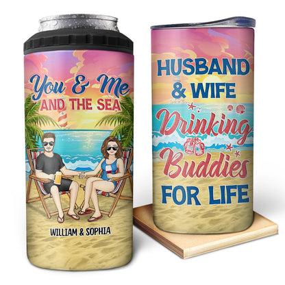 Husband And Wife Drinking Buddies For Life - Gift For Couples, Beach, Travel Lovers - Personalized Custom 4 In 1 Can Cooler Tumbler