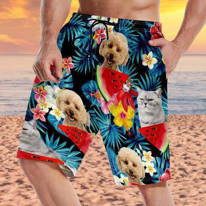 Custom Photo Funny Family Pet Face Black Tropical Flower - Funny Gift For Pet Lovers, Dog Mom, Cat Mom, Dog Dad, Cat Dad - Personalized Unisex Beach Shorts