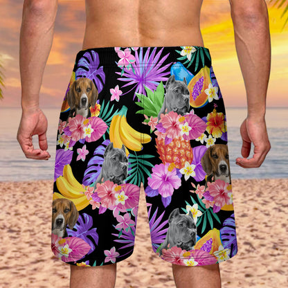 Custom Photo Funny Family Pet Face Black Colorful Tropical - Funny Gift For Pet Lovers, Dog Mom, Cat Mom, Dog Dad, Cat Dad - Personalized Unisex Beach Shorts