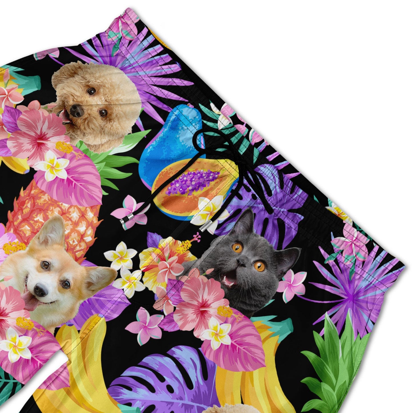 Custom Photo Funny Family Pet Face Black Colorful Tropical - Funny Gift For Pet Lovers, Dog Mom, Cat Mom, Dog Dad, Cat Dad - Personalized Unisex Beach Shorts