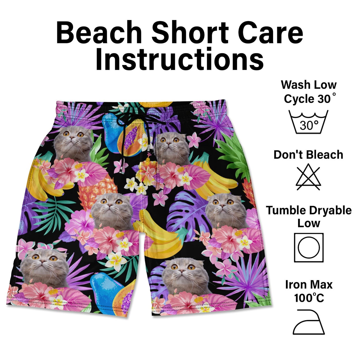 Custom Photo Funny Family Pet Face Black Colorful Tropical - Funny Gift For Pet Lovers, Dog Mom, Cat Mom, Dog Dad, Cat Dad - Personalized Unisex Beach Shorts