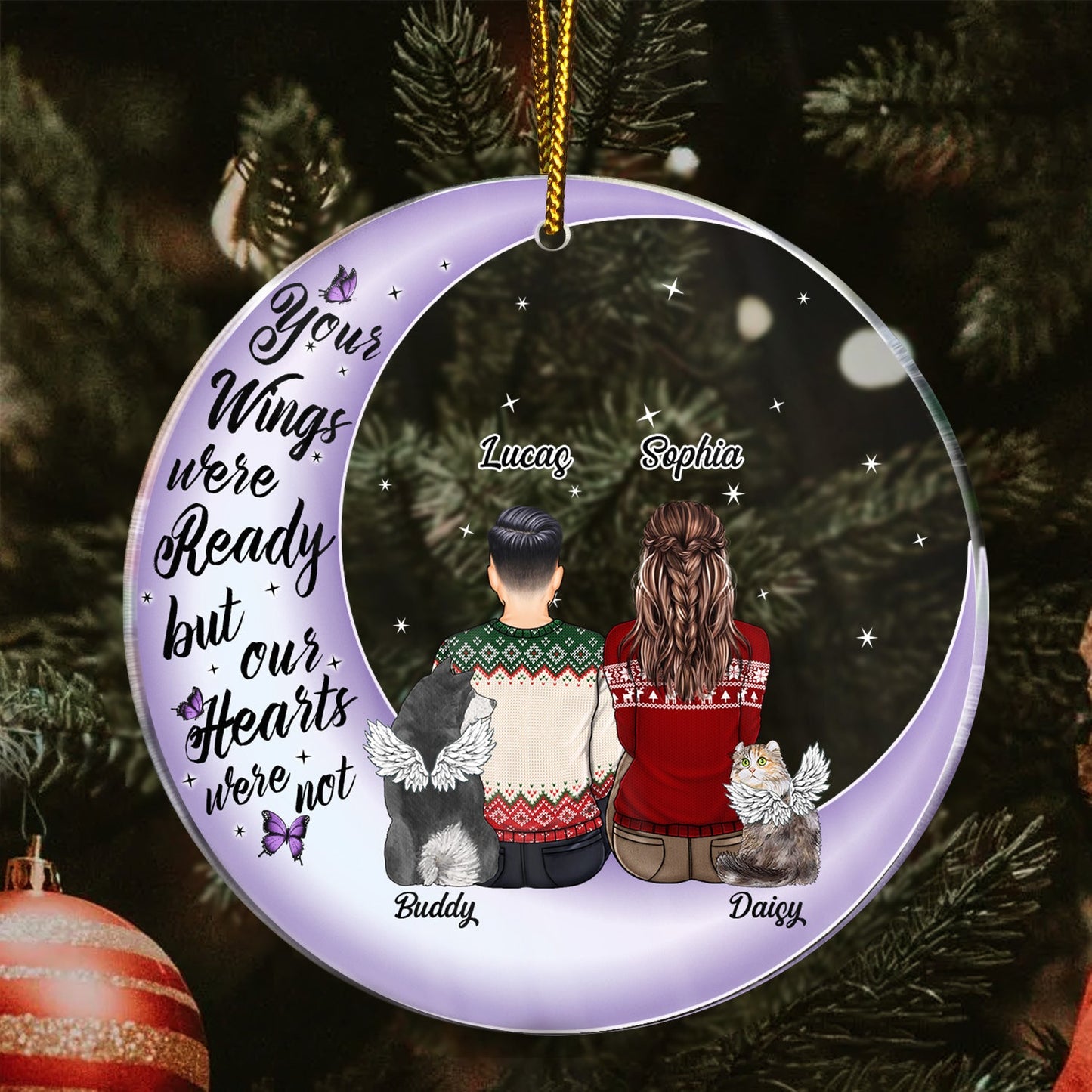 Your Wings Were Ready But My Heart Was Not - Christmas Memorial Gift For Pet Lovers, Dog Mom, Dog Dad, Cat Mom, Cat Dad - Personalized Circle Acrylic Ornament