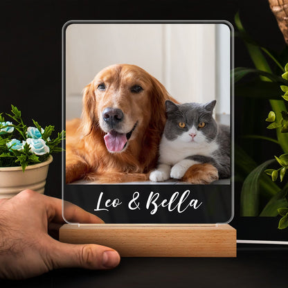 Custom Photo Family - Gift For Couples, Besties, Sibling, Dog Lovers, Cat Lovers - Personalized 3D Led Light Wooden Base