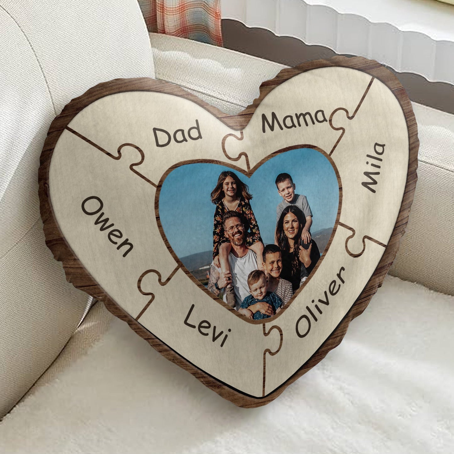 Custom Photo Puzzle Name - Birthday, Holiday Gift For Parent, Couple, Grandparent - Personalized Heart Shaped Pillow