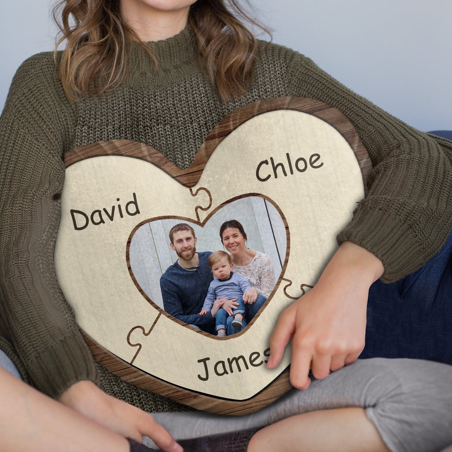 Custom Photo Puzzle Name - Birthday, Holiday Gift For Parent, Couple, Grandparent - Personalized Heart Shaped Pillow