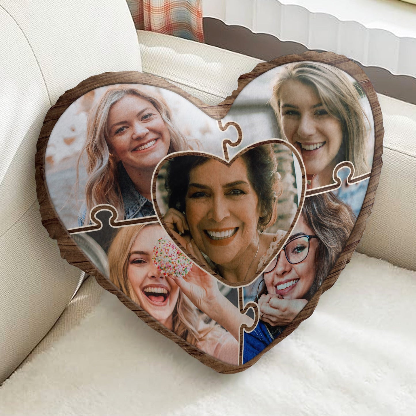 Custom Photo Puzzle Picture - Birthday, Holiday Gift For Parent, Couple, Grandparent - Personalized Heart Shaped Pillow