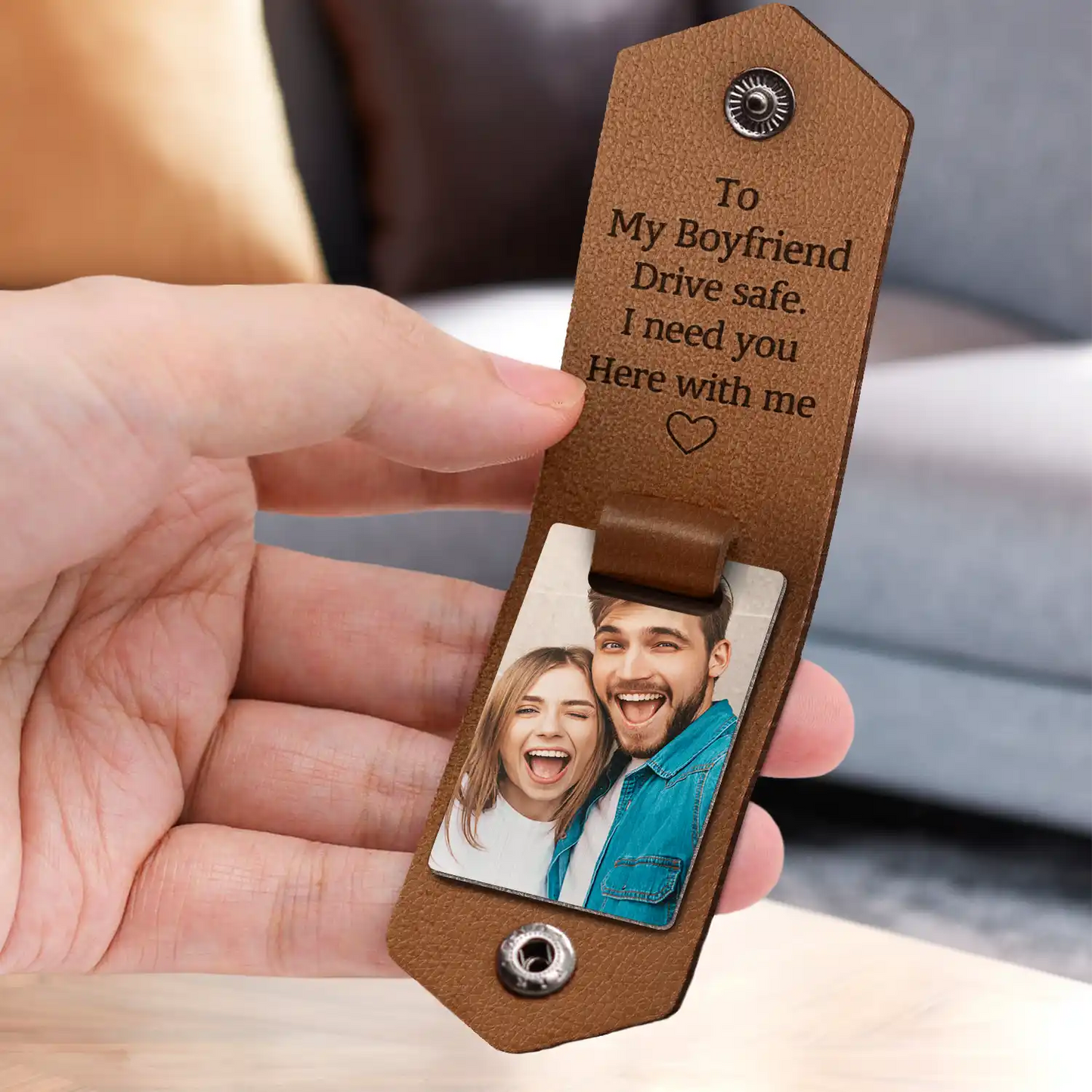 Custom Photo Together Since Drive Safe I Need You Here With Me - Gift For Boyfriends, Husbands, Couples - Personalized Leather Photo Keychain