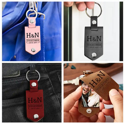 Custom Photo Together Since Drive Safe I Need You Here With Me - Gift For Boyfriends, Husbands, Couples - Personalized Leather Photo Keychain