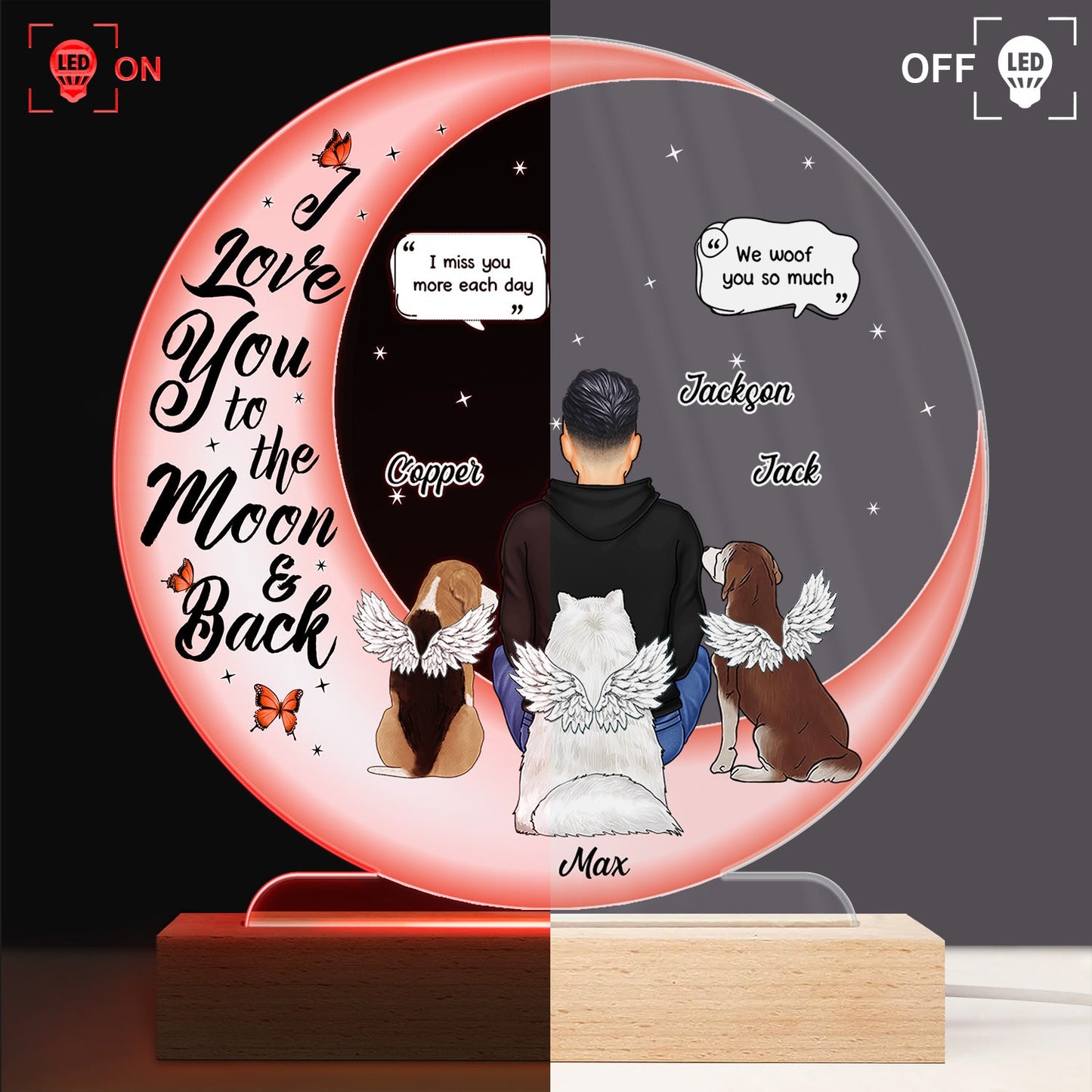 I Love You To The Moon And Back - Memorial Gift For Pet Lovers, Dog Mom, Dog Dad, Cat Mom, Cat Dad - Personalized 3D Led Light Wooden Base